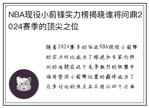 NBA现役小前锋实力榜揭晓谁将问鼎2024赛季的顶尖之位