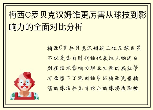 梅西C罗贝克汉姆谁更厉害从球技到影响力的全面对比分析